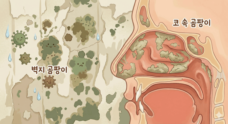 습기 찬 벽에 핀 곰팡이와 사람의 콧속에 핀 곰팡이를 귀여운 그림으로 표현한 일러스트. 벽지와 콧속에 각각 곰팡이 캐릭터가 그려져 있다.