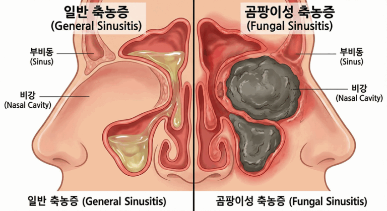 일반 축농증과 곰팡이성 축농증의 코 단면 비교 그림. 왼쪽은 노란 액체 고름이 차 있고, 오른쪽은 검은색 단단한 덩어리가 차 있다.
