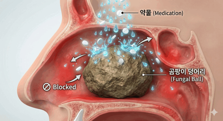콧속 부비동 안의 단단한 곰팡이 덩어리 위로 약물과 물방울이 쏟아지지만, 침투하지 못하고 튕겨 나가는 모습을 표현한 3D 그래픽