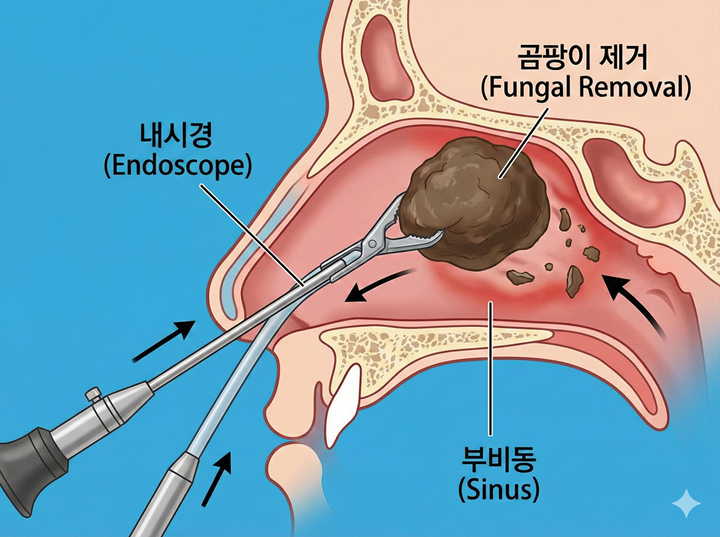 내시경 기구를 콧속으로 넣어 거대한 갈색 곰팡이 덩어리를 물리적으로 집어내는 수술 과정을 알기 쉽게 보여주는 의료 일러스트