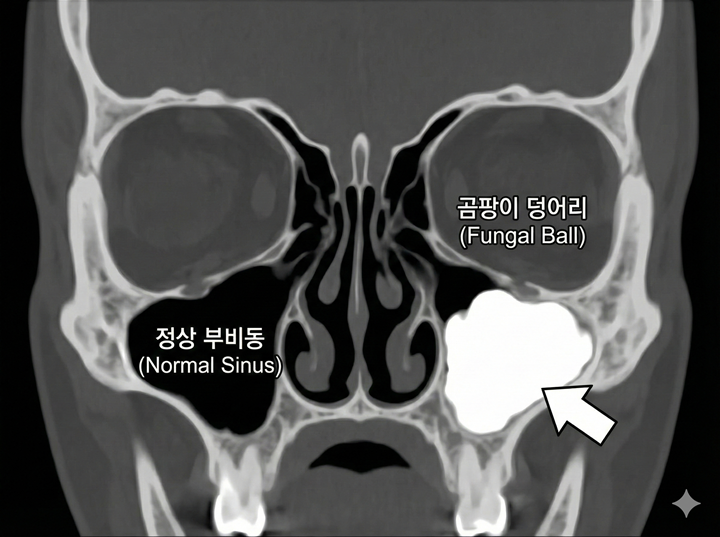 두개골 CT 촬영 사진. 왼쪽 부비동은 까맣게 비어있어 정상이지만, 오른쪽 부비동은 하얀색 덩어리로 꽉 차 있는 모습. 화살표가 덩어리를 가리킴.