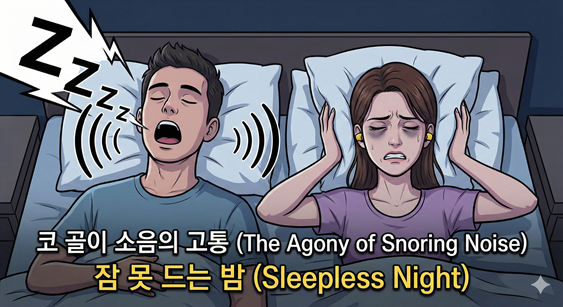 침실에서 남편이 입을 크게 벌리고 'Zzz' 소리를 내며 심하게 코를 골고 있고, 옆에 누운 아내는 소음 때문에 괴로워하며 베개로 양쪽 귀를 막고 눈을 질끈 감고 있는 모습의 일러스트. 아내의 눈 밑에는 다크서클이 짙게 드리워져 있다.