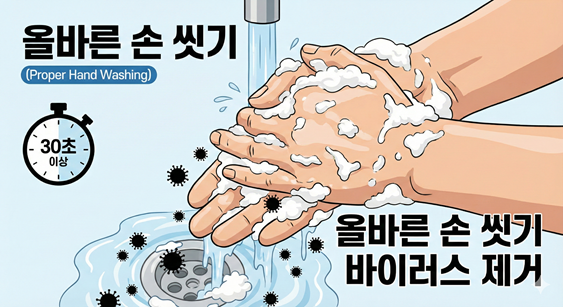 흐르는 물에 비누 거품을 내어 30초 이상 꼼꼼하게 손을 씻어 바이러스를 제거하는 모습을 담은 일러스트.