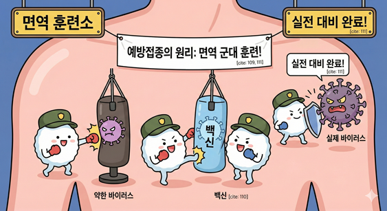 몸속 면역 세포들이 백신과 약한 바이러스를 샌드백처럼 치며 훈련하는 귀여운 일러스트. 실제 바이러스 침투에 대비하는 모습을 비유적으로 표현했다.