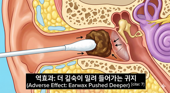 사람의 귀 내부 단면을 보여주는 의학 삽화. 면봉이 귓속으로 들어가면서, 귀지 덩어리를 밖으로 빼내는 대신 고막 쪽으로 더 깊숙이 밀어 넣어 뭉치게 만드는 과정을 화살표로 보여준다.