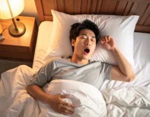 침대에 누워 입을 벌리고 잠든 남자의 모습, 코골이나 구강호흡을 암시합니다.