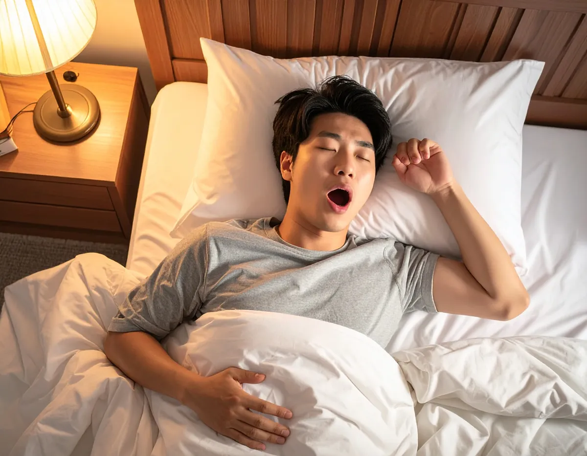 침대에 누워 입을 벌리고 잠든 남자의 모습, 코골이나 구강호흡을 암시합니다.