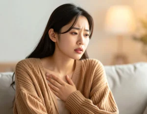 가슴 통증이나 호흡 곤란으로 괴로워하는 아시아 여성