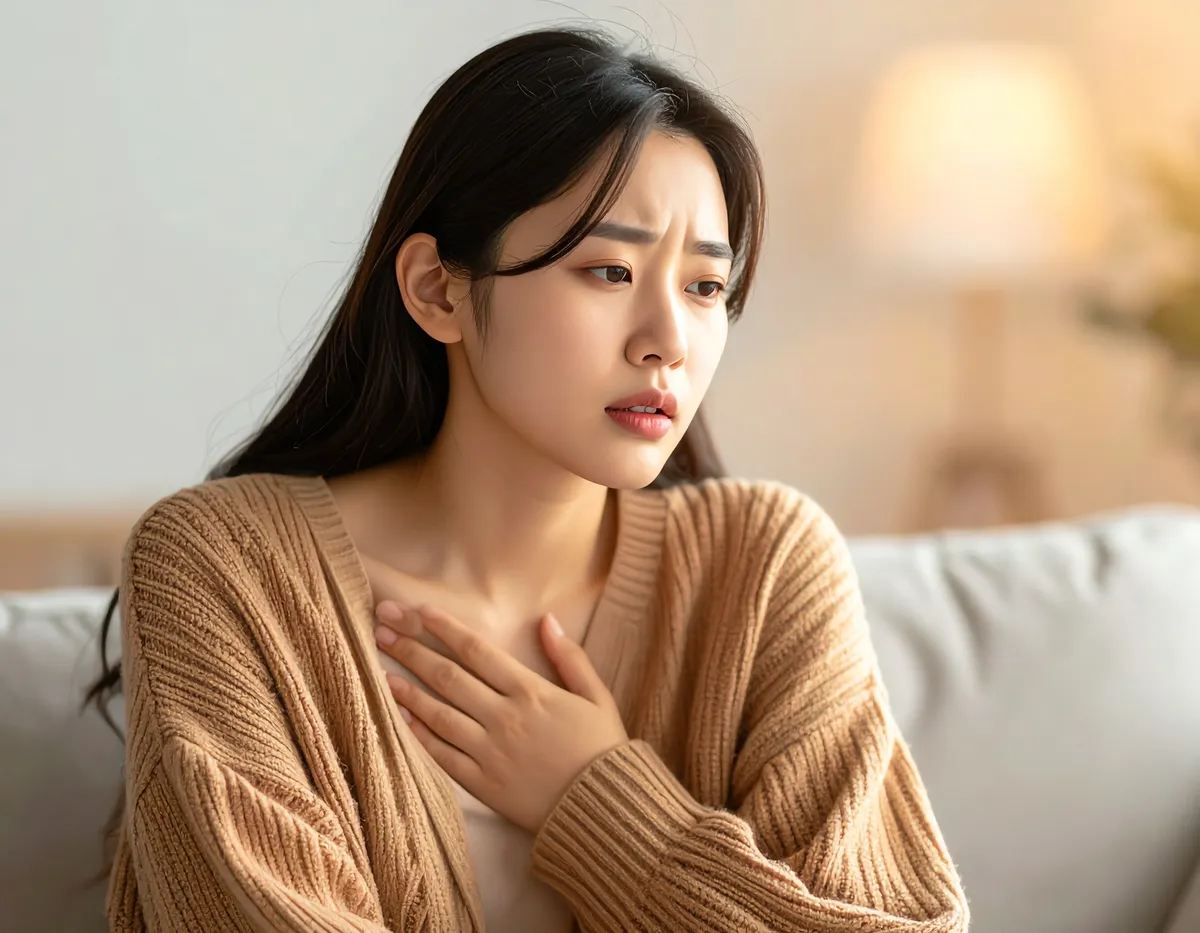 가슴 통증이나 호흡 곤란으로 괴로워하는 아시아 여성