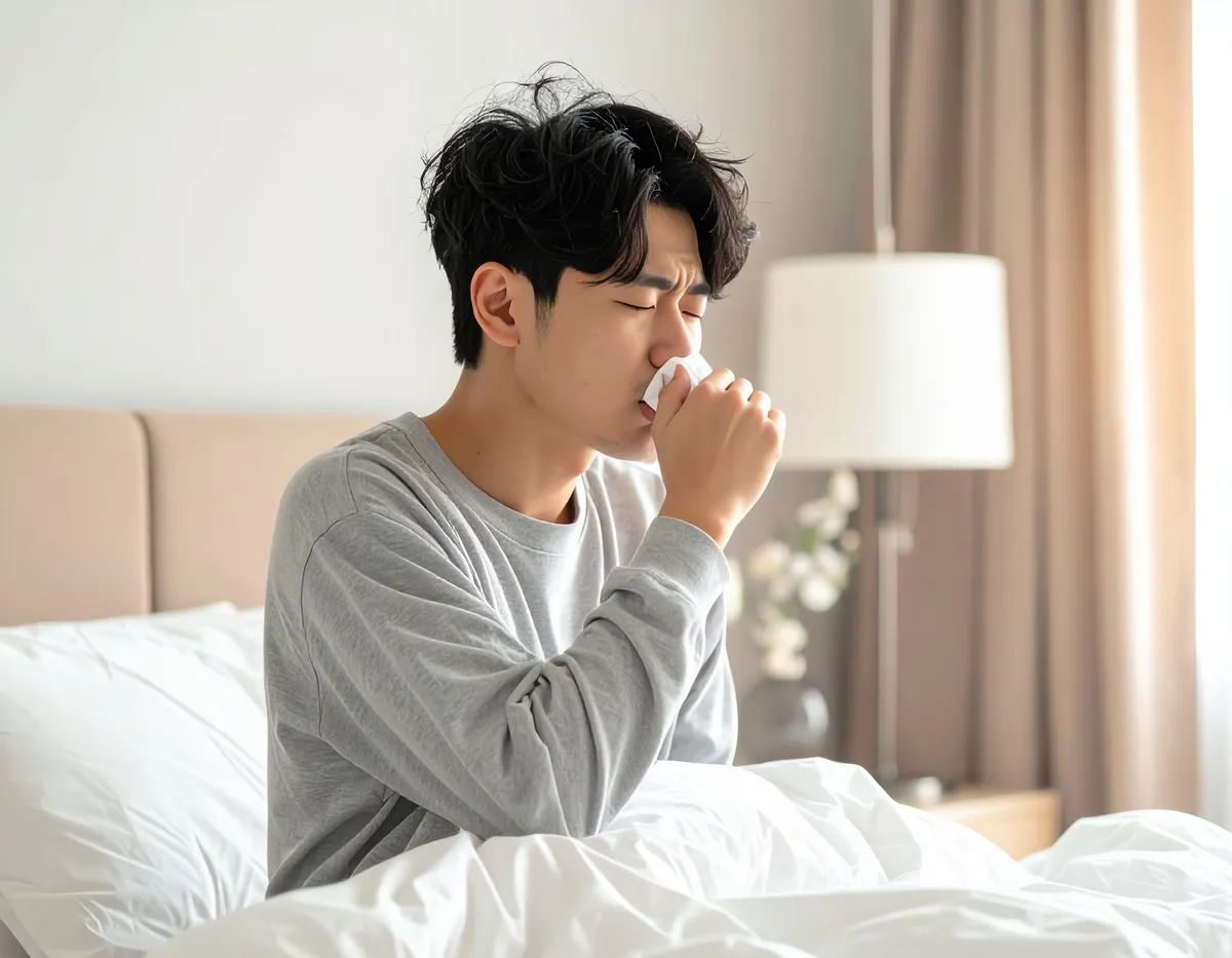 침대에서 휴지로 코를 푸는 남자. 감기나 알레르기 증상으로 불편해 보입니다.
