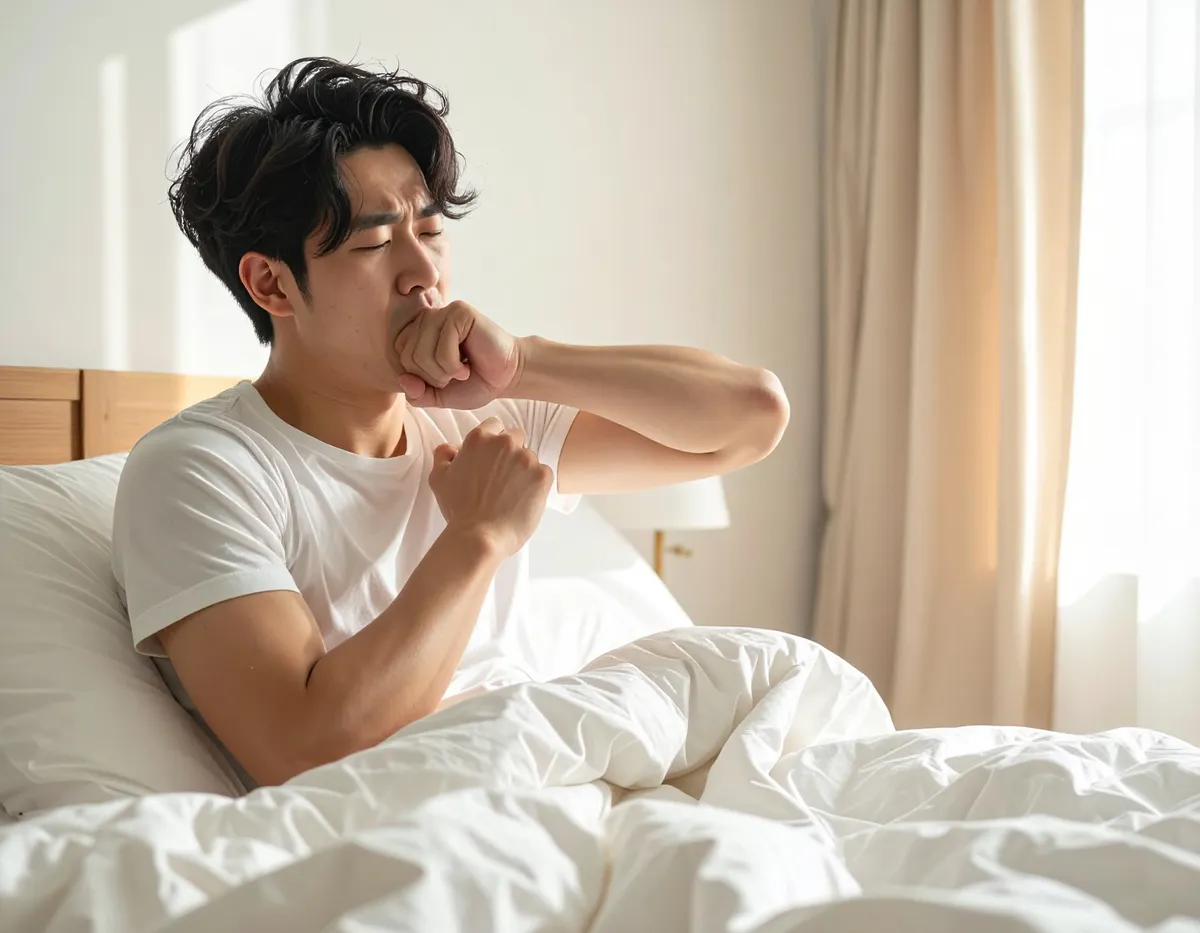 아침에 침대에서 하품하며 피곤함을 느끼는 남자의 모습입니다.