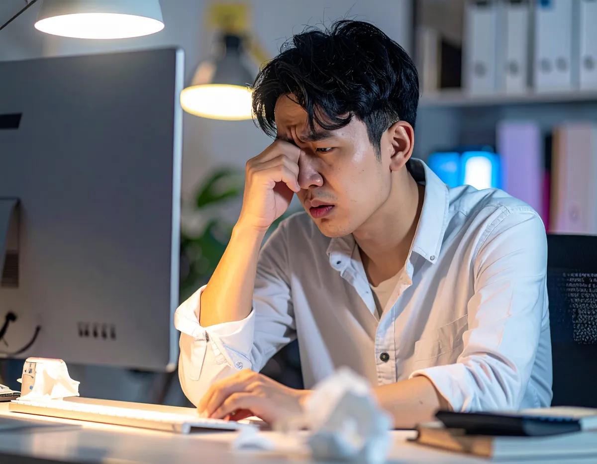 야근 중 스트레스와 피로로 두통을 느끼는 남성의 모습