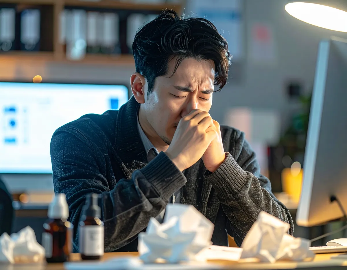 감기로 인해 지친 남성이 책상에 앉아 코를 감싸고 괴로워하는 모습입니다.