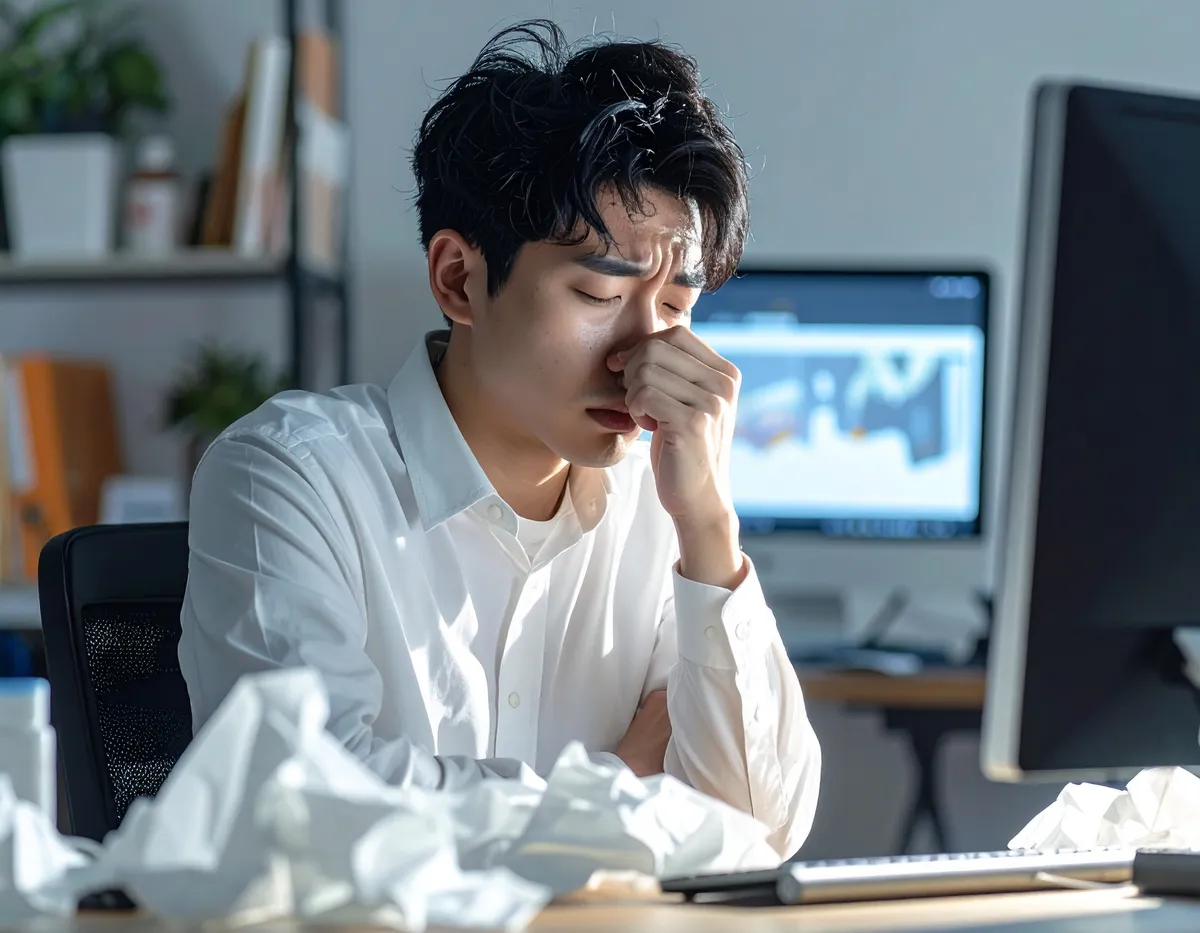 두통과 감기로 지쳐 보이는 직장 남성이 책상에 앉아있다.