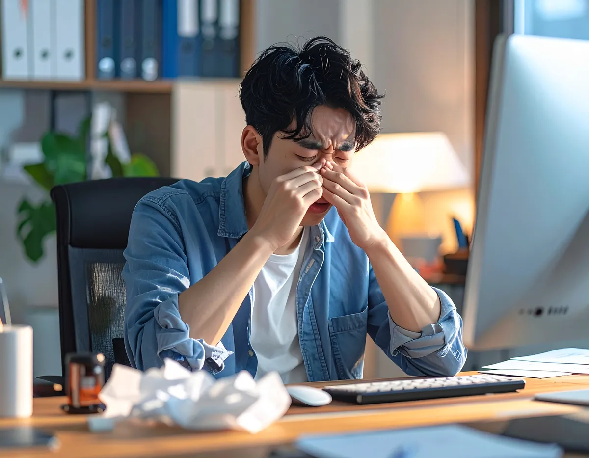 컴퓨터 작업으로 눈이 피로하고 스트레스받은 남자가 눈과 코를 비비는 모습