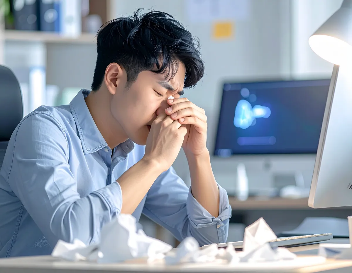 과도한 업무 스트레스로 인해 지치고 피곤해하는 남성의 모습입니다.