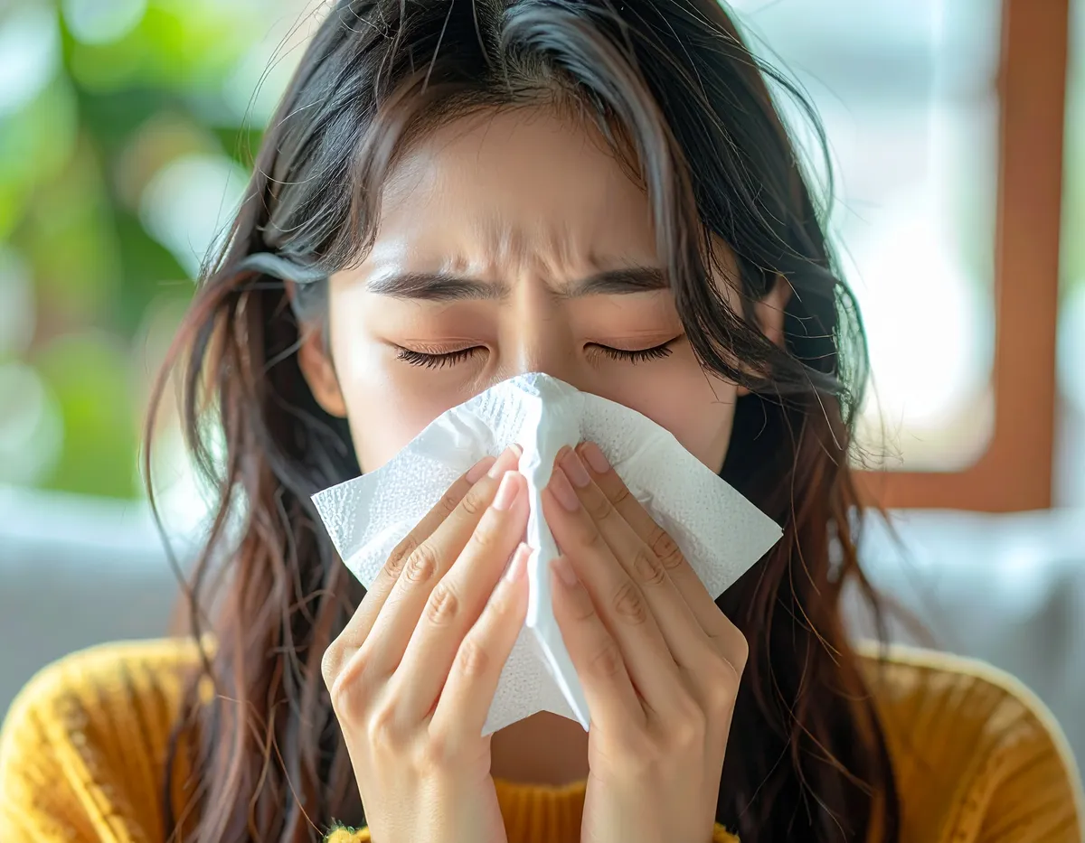 감기나 알레르기 증상으로 코를 풀기 위해 휴지를 사용하는 여성입니다.