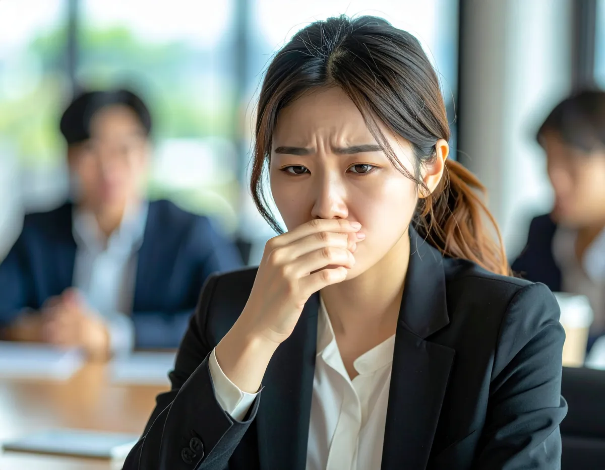 회의 중 불쾌한 냄새에 코를 막고 찡그린 직장 여성의 모습
