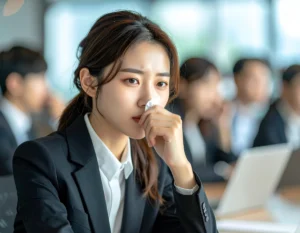 사무실에서 휴지로 코를 풀며 슬픈 표정을 짓는 직장 여성
