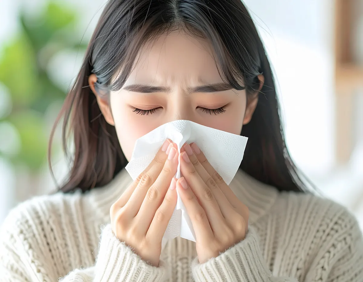 여성이 휴지로 코를 풀며 감기 또는 알레르기로 인한 불편함을 느끼는 모습